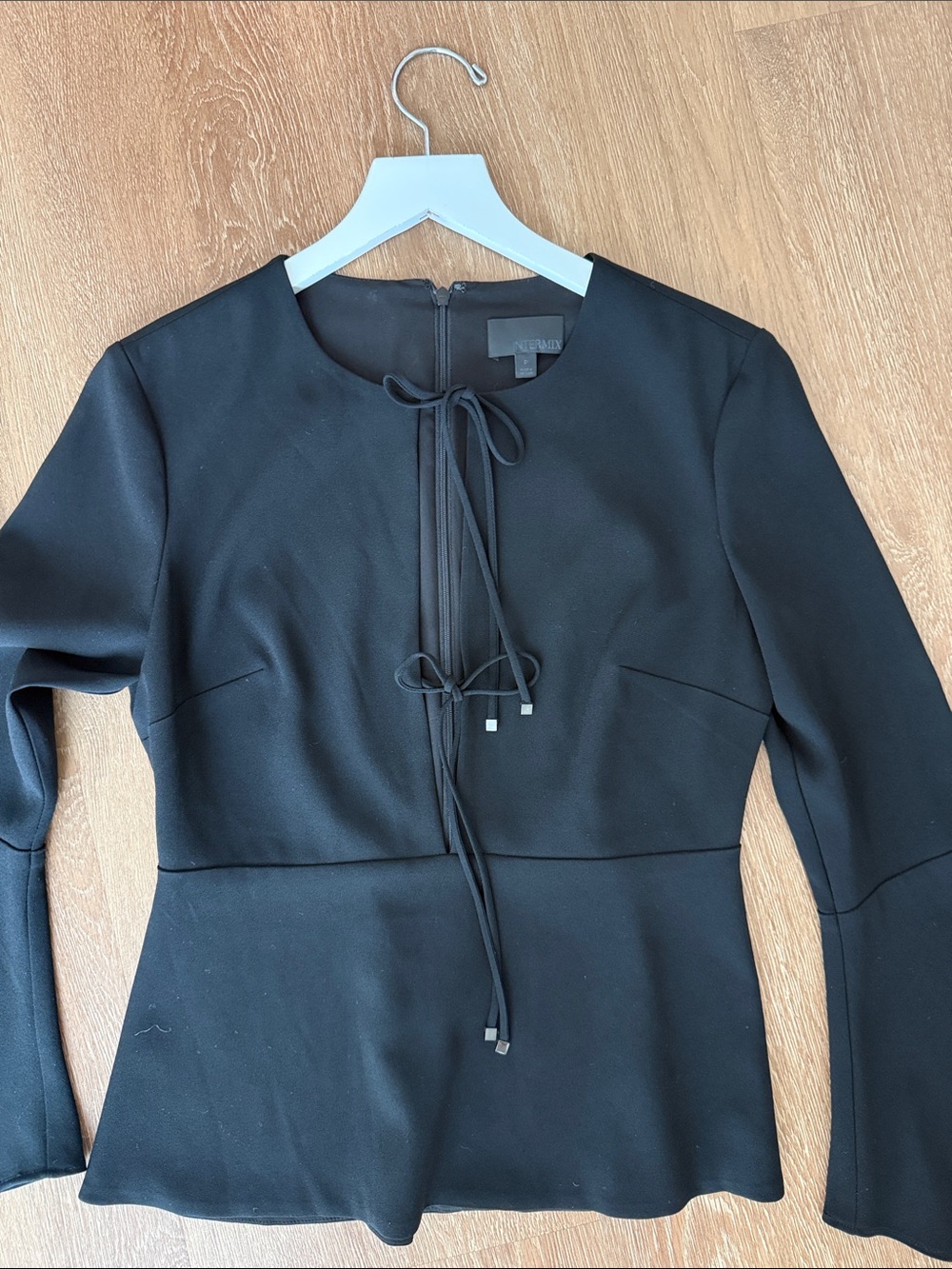 Intermix Black Long-Sleeve Tie-Front  Top, zipper in back, size: